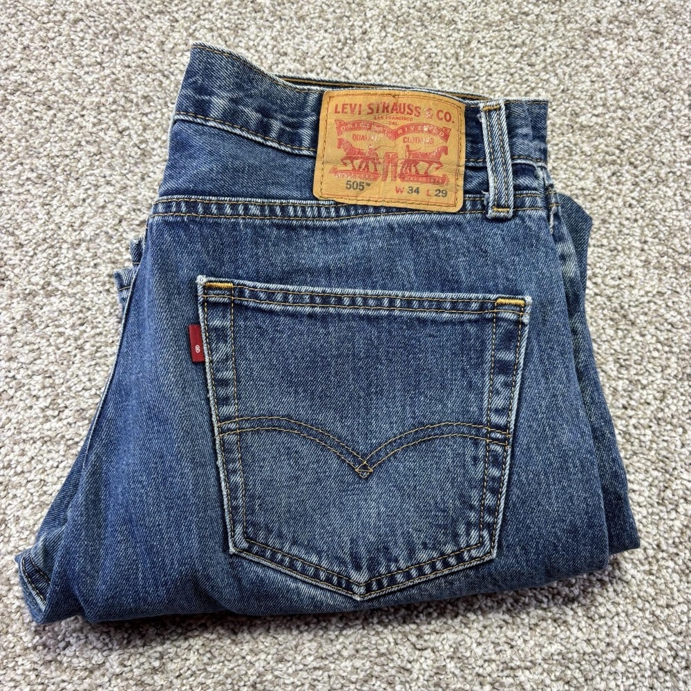 Levis 505 Jeans Mens 34x29 Blue Medium Wash Regular Straight Denim Pants Casual